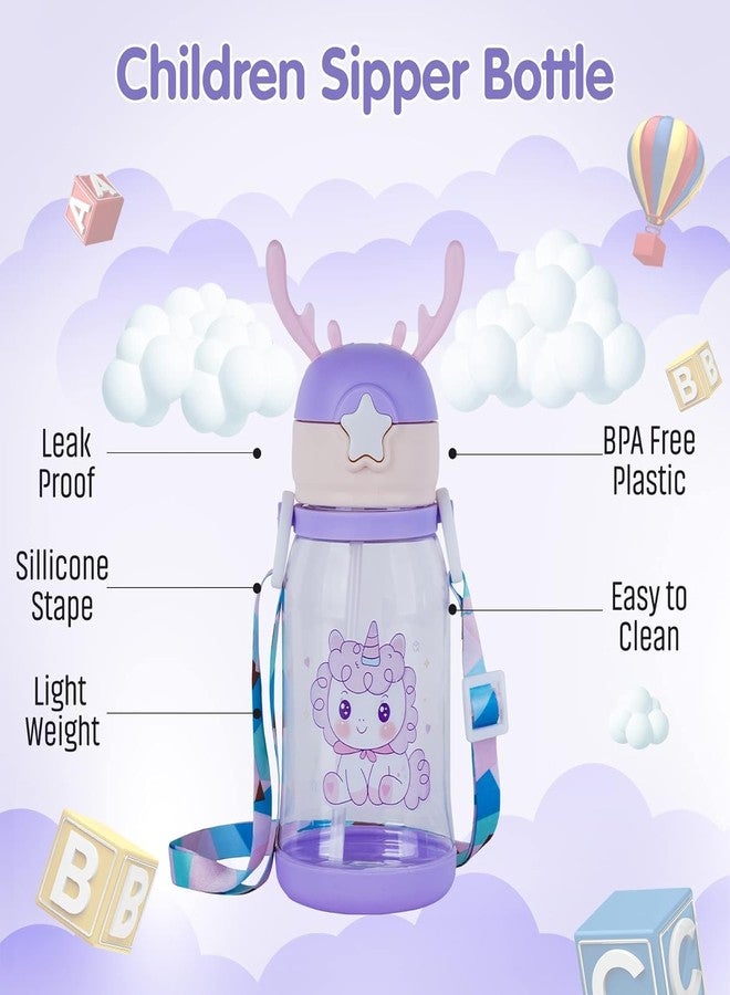 ABR Mall Kids Water Bottle with Straw Water Bottle With Straw & Cartoon Design and Shoulder Strap for Students and Children, Boy, girl 600ml (Purple) - Image 3